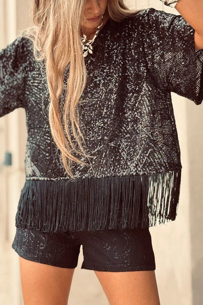 Full of Surprises Sequin Short Sleeve Tassle Trim Loose Top