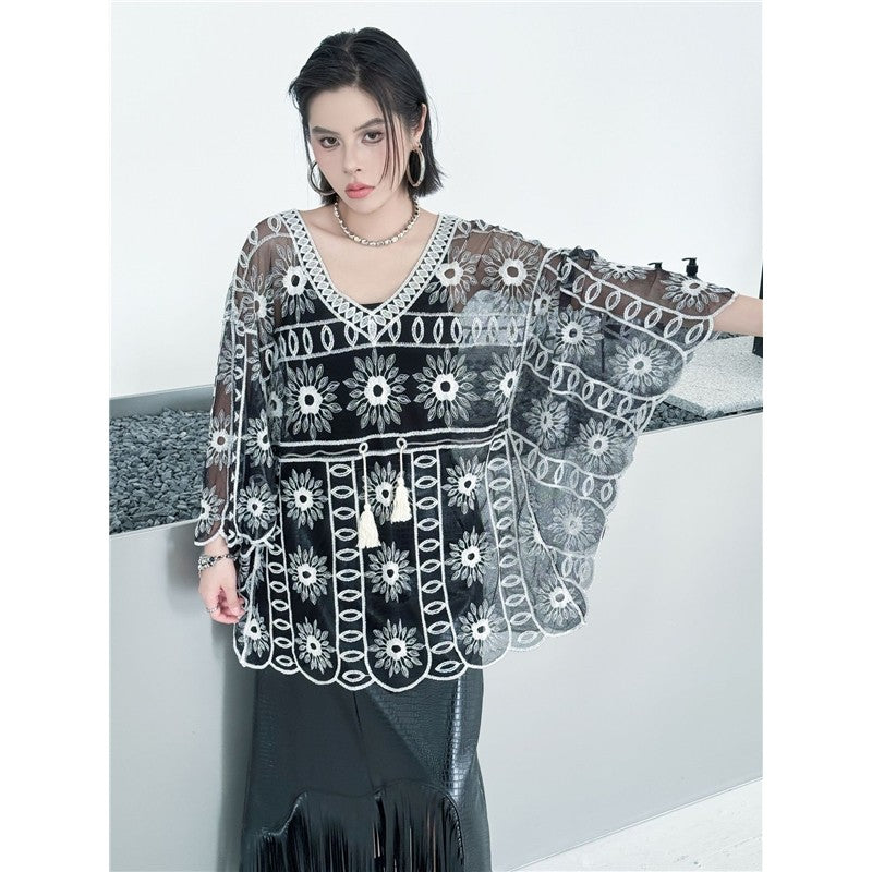 Ethnic Embroidered Hollow-Out Batwing Sleeve Lace Top - Loose, Lightweight, Versatile V-Neck Outerwear For Women
