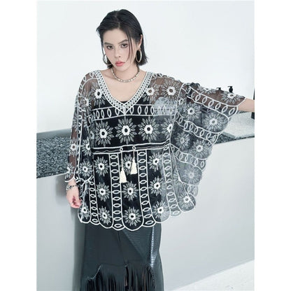 Ethnic Embroidered Hollow-Out Batwing Sleeve Lace Top - Loose, Lightweight, Versatile V-Neck Outerwear For Women