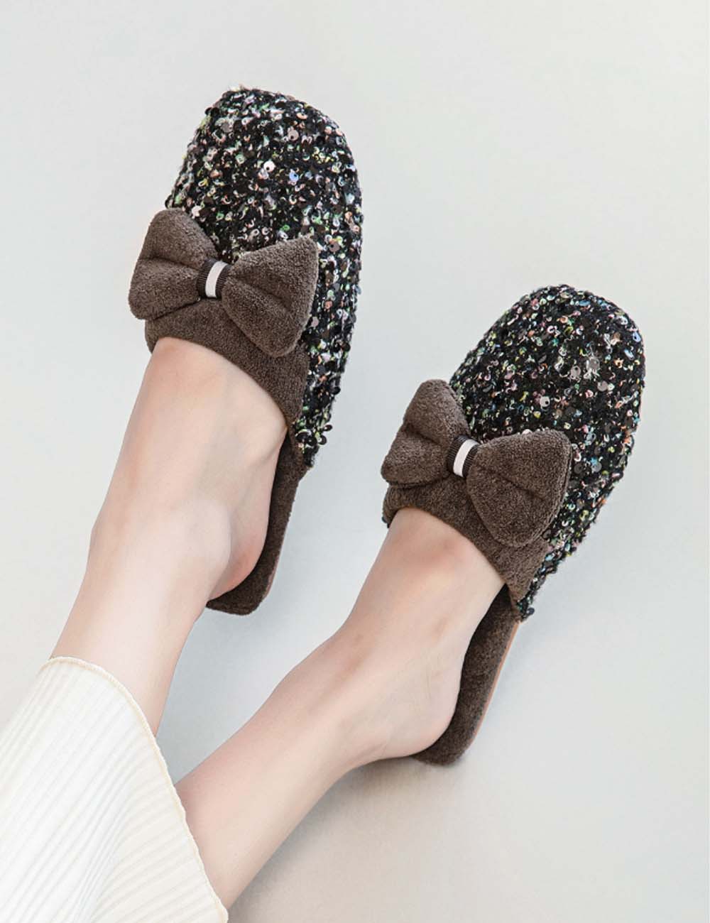 Elegant Sequins Plush Bow Knot Slippers
