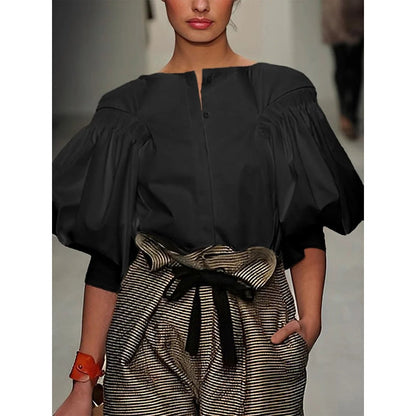Puff Sleeves Buttoned Solid Color Blouses&shirts Tops