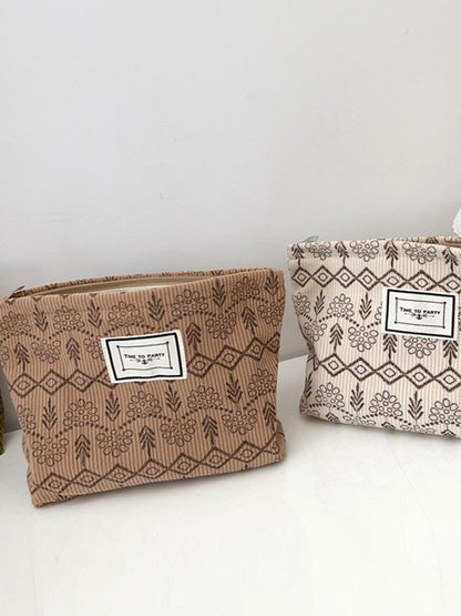 Cosbai - Fabric Geometric &amp; Floral Print Pouch Bag with Zipper