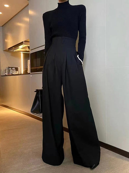 Wide Leg Feeling Of Drape High-Waisted Pockets Solid Color Casual Pants