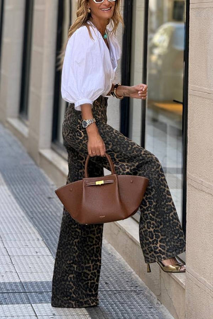 Wild denim leopard print high waist wide leg pocket pants