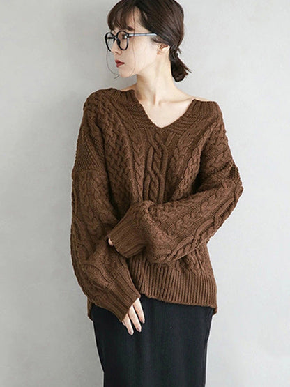 Stylish Loose Jacquard Solid Color V-Neck Sweater