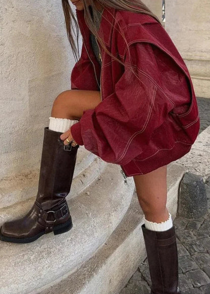 Oversized Zipper Jacket In Wine Red With White Stitching