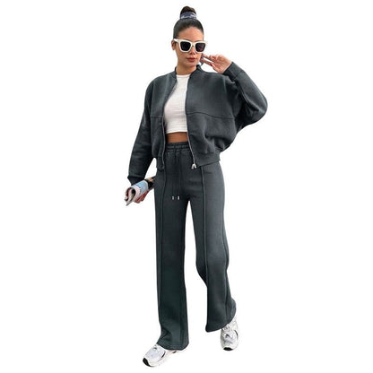 Solid Fleece Zip Hoodie Straight Leg Pants Set