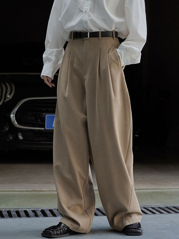 High Waisted Loose Pleated Solid Color Split-Joint Casual Pants Bottoms Trousers