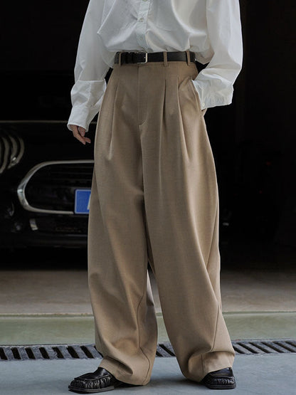 High Waisted Loose Pleated Solid Color Split-Joint Casual Pants Bottoms Trousers