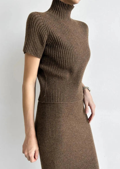 Two Piece Knit Set With Mock Neck And Skirt