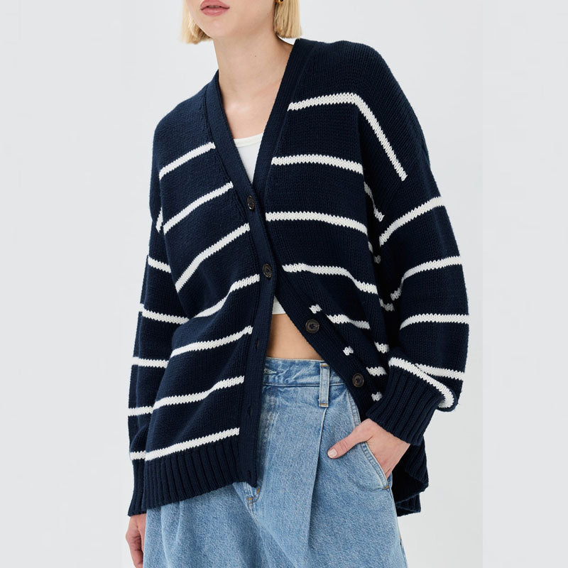 Striped V-Neck Color Block Button Down Cardigan