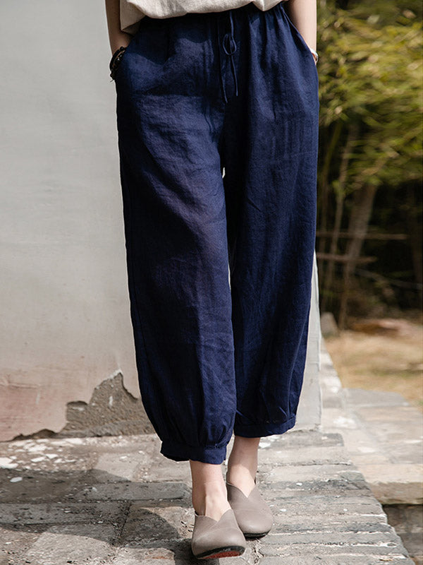 Simple Linen Solid Color Elasticity Waist Loose Knickerbockers&Capri-Pants