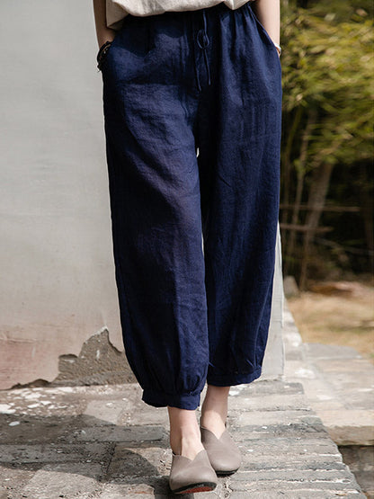 Simple Linen Solid Color Elasticity Waist Loose Knickerbockers&Capri-Pants