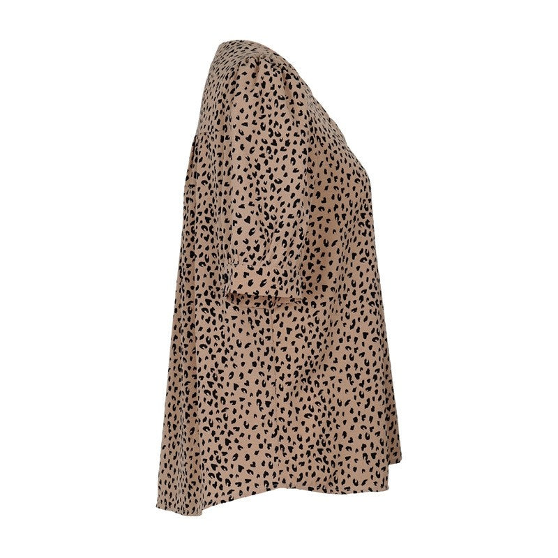Summer Simple Casual Leopard Print Short-Sleeved V-Neck Commuter Shirt