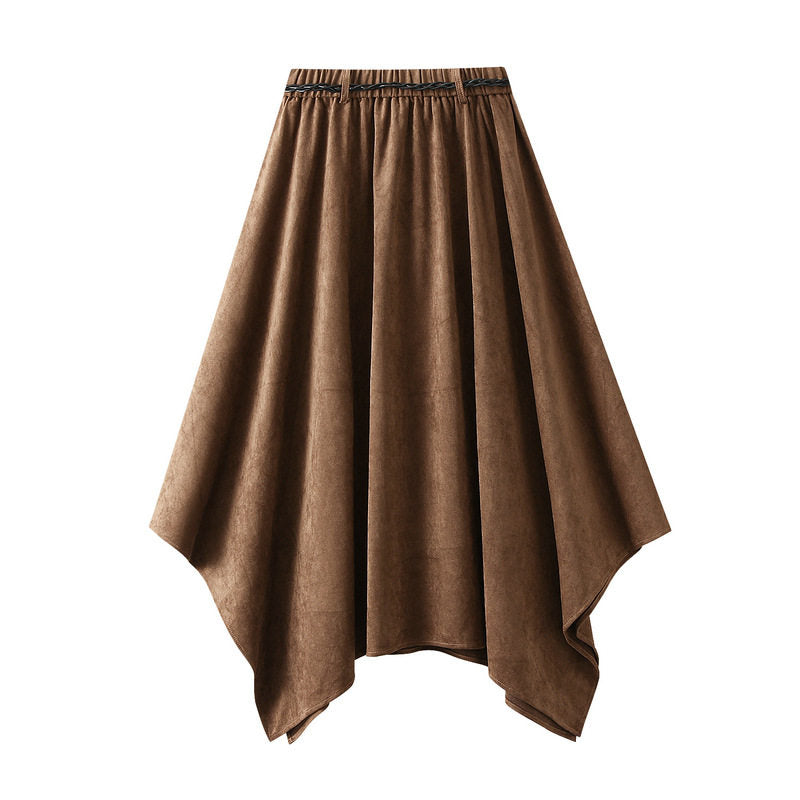 High Waist Suede Skirt With Belt And Asymmetrical Hem