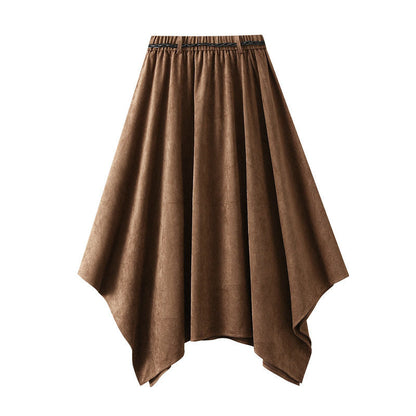 High Waist Suede Skirt With Belt And Asymmetrical Hem