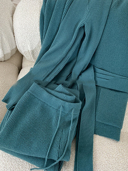 Wide Leg Belted Pockets Solid Color High-Neck Cardigan&Sweater Tops&Pants Suits
