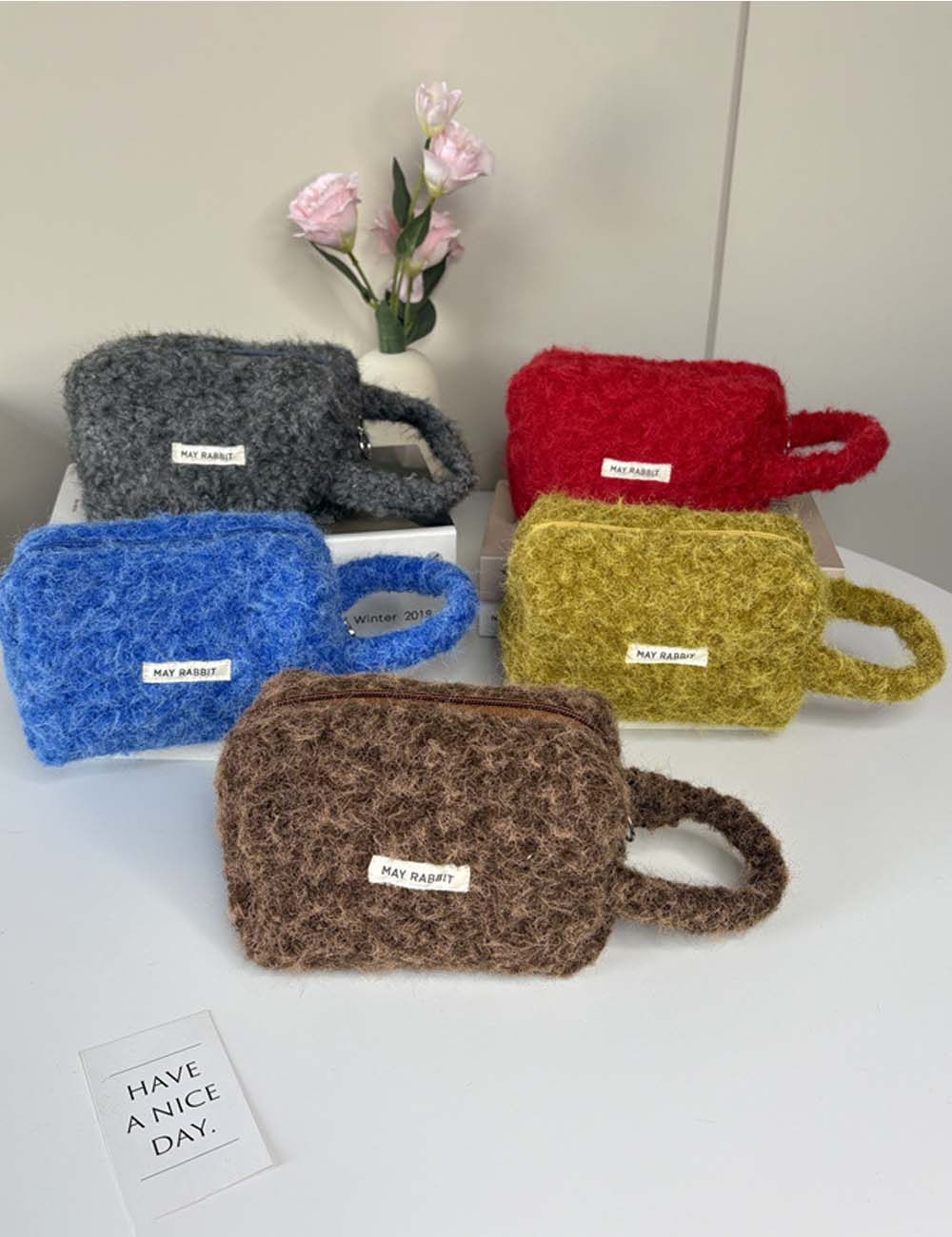 Simple Plush Solid Color Cosmetic Bag With Handle