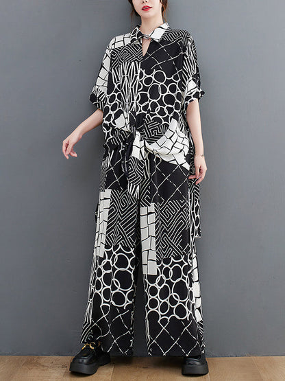 Oversize Short Sleeves Printed Lapel Pants Shirts Tops Two Pieces Set