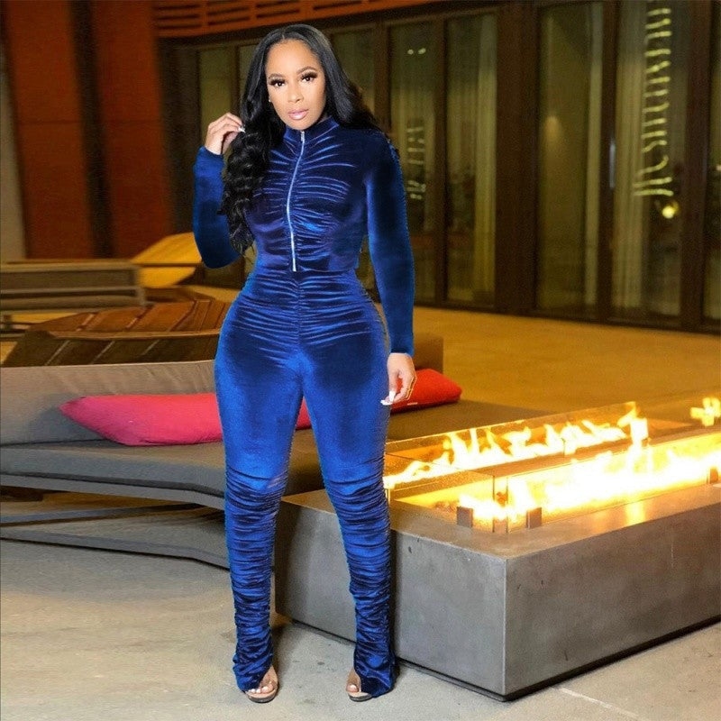 Pleated Solid Color Coat Pants Two Piece Set