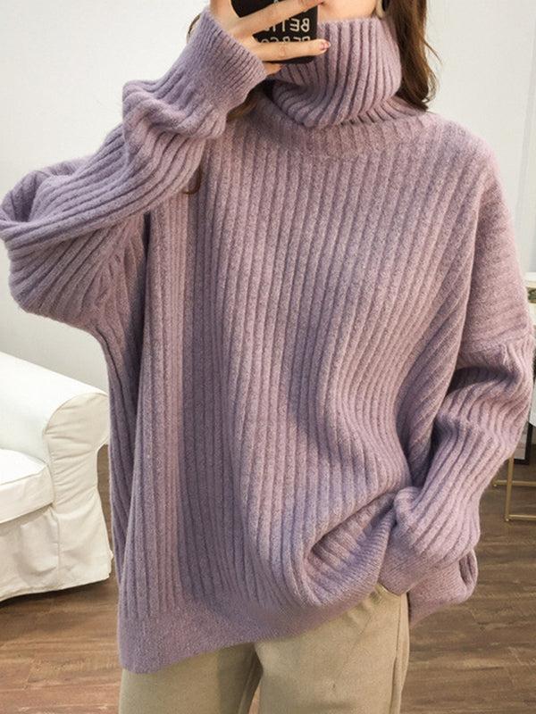 Casual Long Sleeves Loose Solid Color High-Neck Sweater Tops