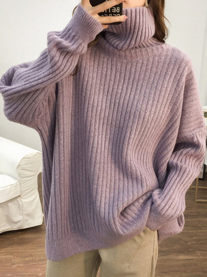 Casual Long Sleeves Loose Solid Color High-Neck Sweater Tops