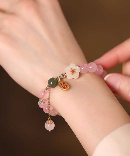 Cute Pink Sterling Silver Alloy Crystal Peach Blossom Charm Bracelet