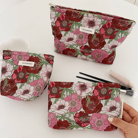 Elegant Color Block Floral Makeup Bag