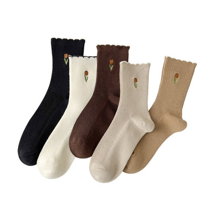 Rufia - Solid-Color Floral Tulip Socks - Sweet &amp; Classic