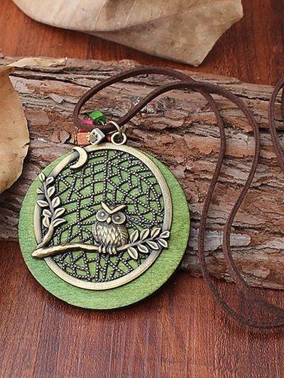 Owl Alloy Pendant With Jewelry Wooden Necklace Long Sweater Chain