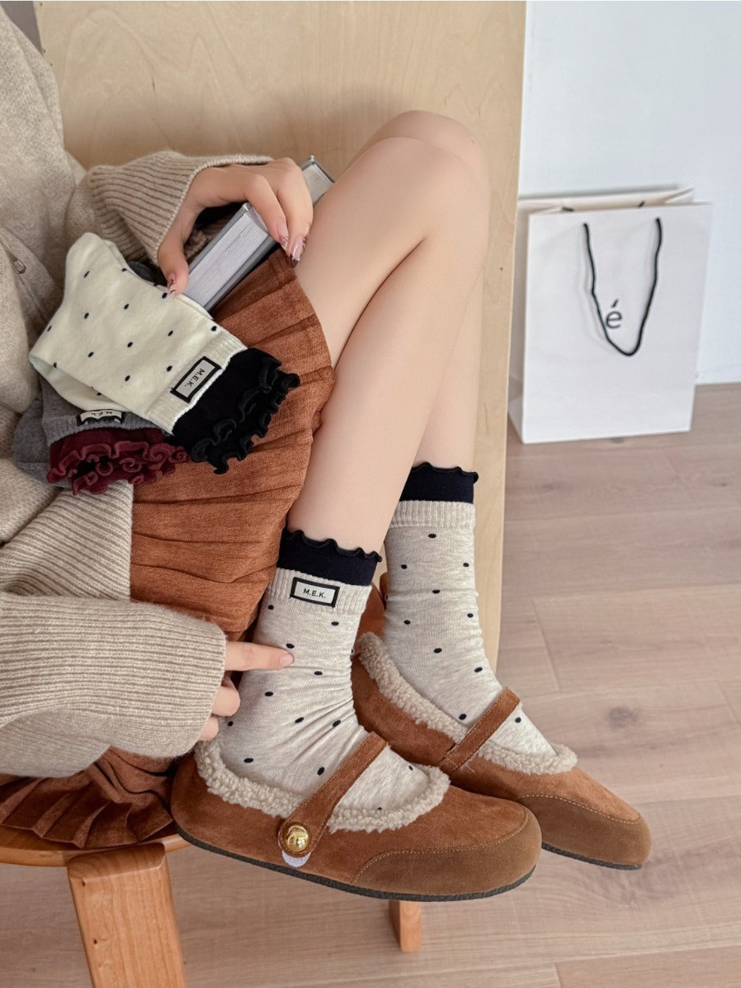 Rufia - Polka Dot Print Mid-Crew Socks with Ruffle Trim