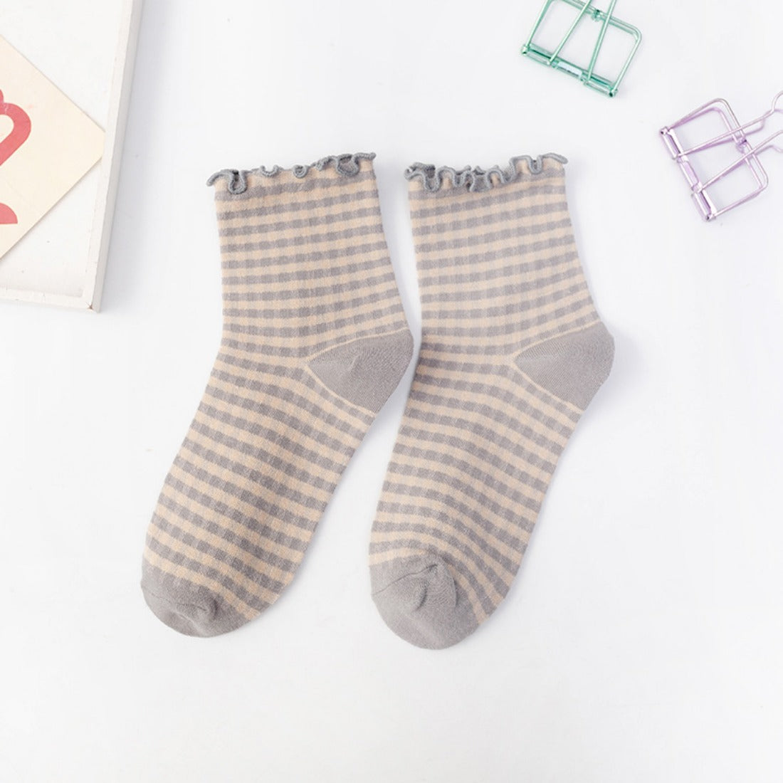 Rufia - Colorful Check Pattern Lace Socks