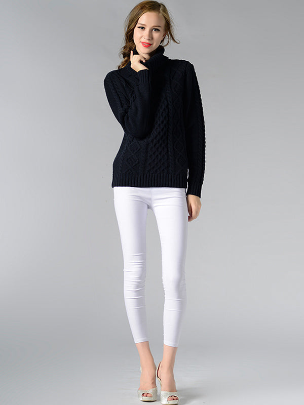 Casual 5 Colors Jacquard High-Neck Long Sleeves Sweater Top