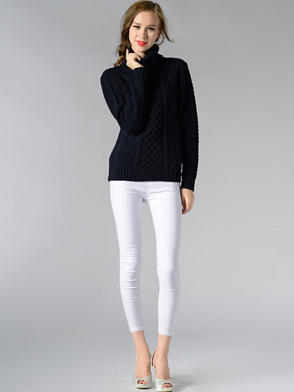 Casual 5 Colors Jacquard High-Neck Long Sleeves Sweater Top