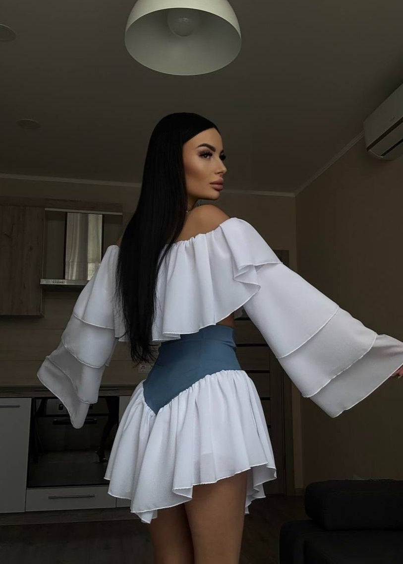 Off Shoulder Ruffle Sleeve Two Tone Mini Dress