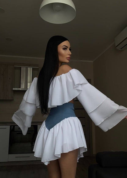 Off Shoulder Ruffle Sleeve Two Tone Mini Dress