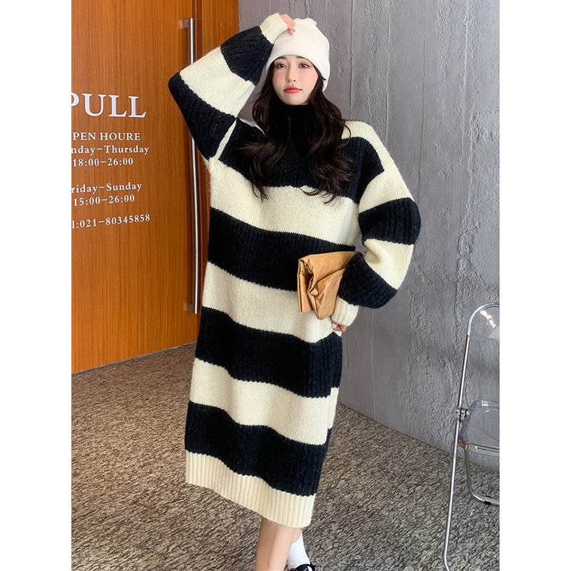 Stylish Loose Striped V-Neck Sweater Dresses