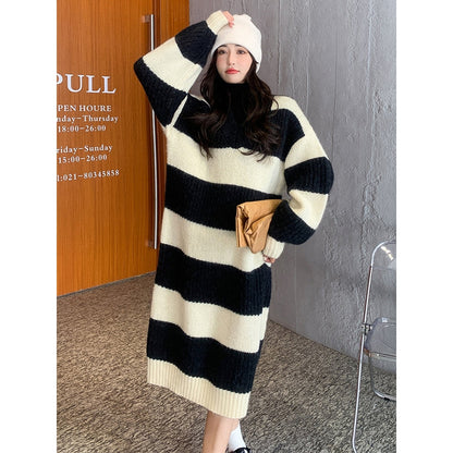 Stylish Loose Striped V-Neck Sweater Dresses