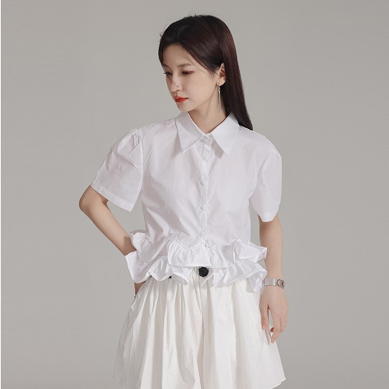 Pleated Ruffled Lapel Long Sleeve Blouse