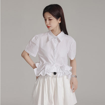 Pleated Ruffled Lapel Long Sleeve Blouse