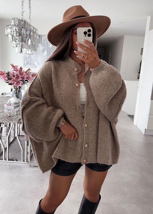 Oversized Button Front Knit Cardigan Beige Black