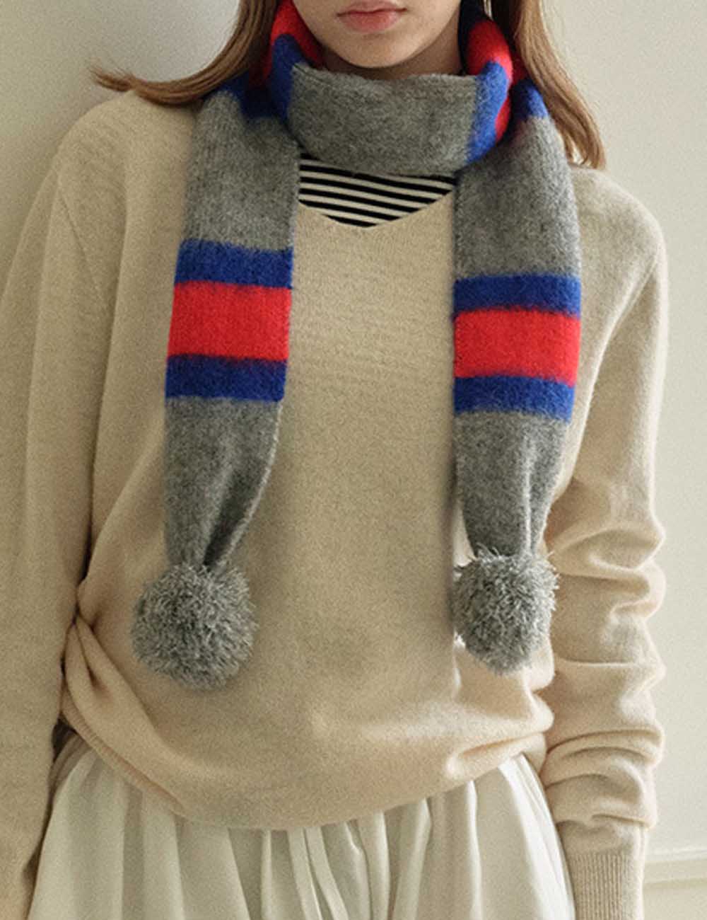 Cute Knit Striped Scarf with Pom Pom