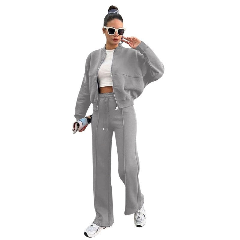 Solid Fleece Zip Hoodie Straight Leg Pants Set