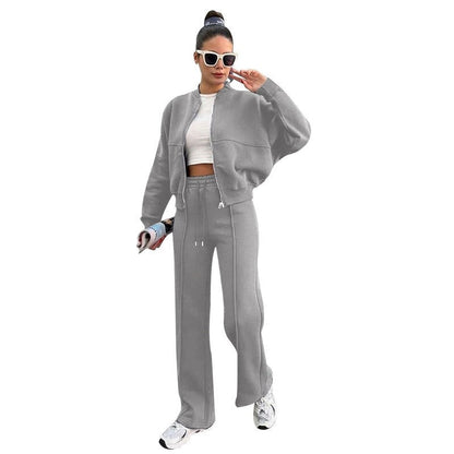 Solid Fleece Zip Hoodie Straight Leg Pants Set