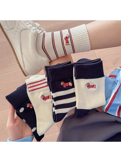 Rufia - Cartoon Dog Embroidered Striped Socks