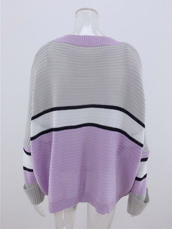 Casual Loose Contrast Color Striped Round-Neck Sweater Tops