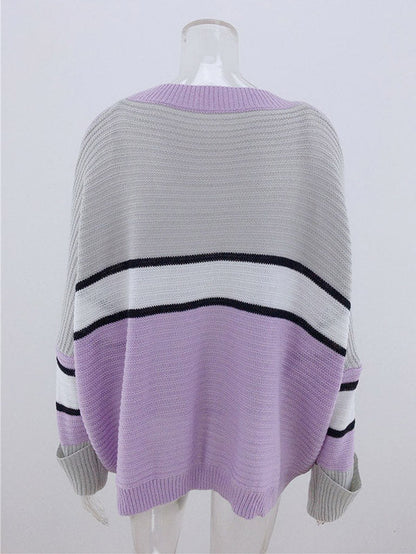 Casual Loose Contrast Color Striped Round-Neck Sweater Tops