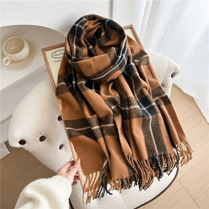 Color Block Plaid Fringe Scarf