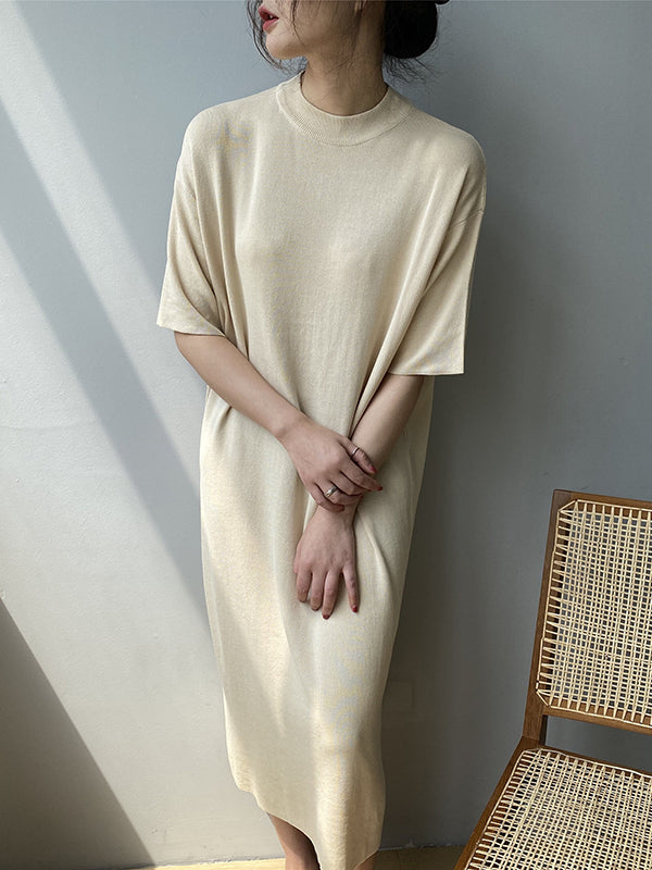 Loose Short Sleeves Solid Color Split-Joint Round-Neck Midi Dresses Sweater Dresses