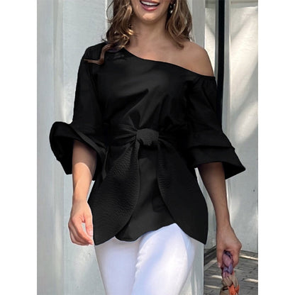 Flared Sleeves Wrap Bandage Hollow Solid Color Split-Joint Shirts Tops